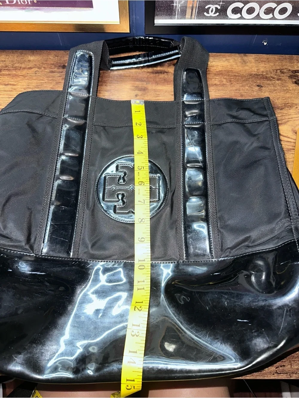 Tory Burch Ella Black Nylon Patent Trim Tote